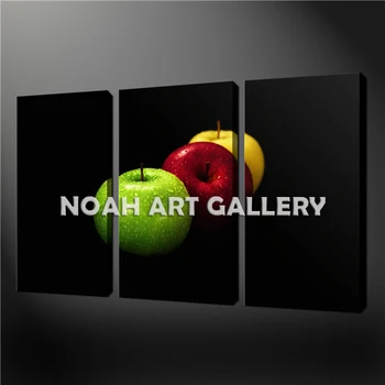 

Oil Painting Canvas Print Still Life Red and Green Fruit Black Ground Art Poster Decorative Pictures for Kitchen Room 3 Piece