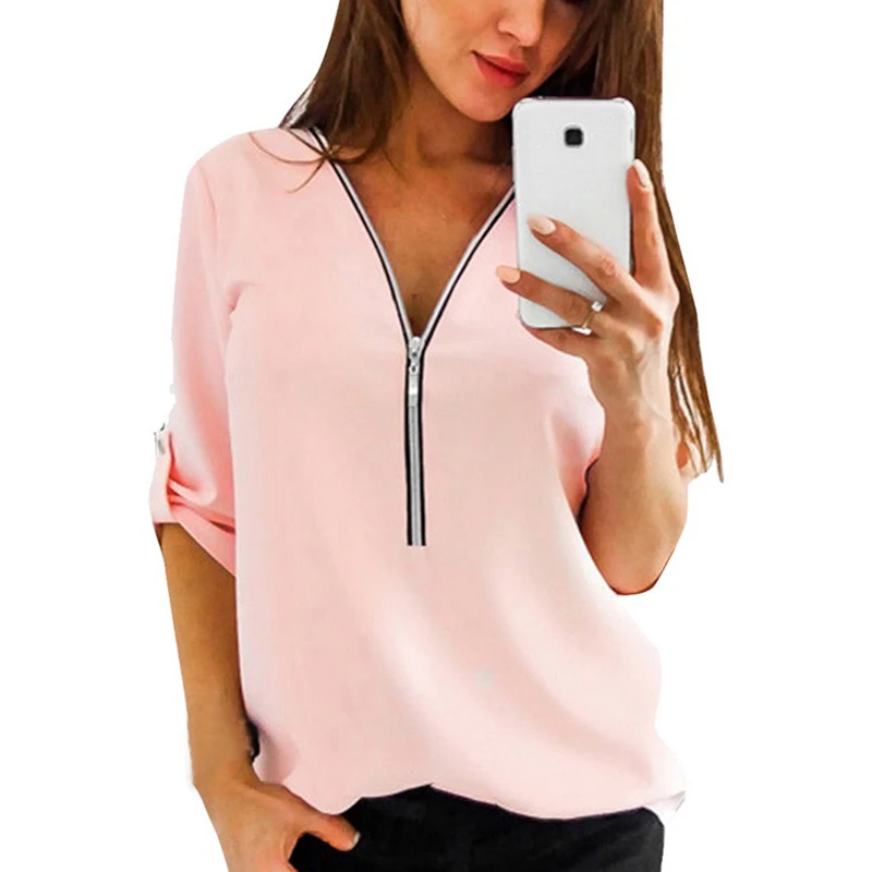 Pink LAAMEI/женские рубашки на молнии с коротким рукавом, сексуальный топ с v-образным вырезом, женские блузки, Повседневная футболка, топы, женская одежда, большие размеры - Цвет: Pink