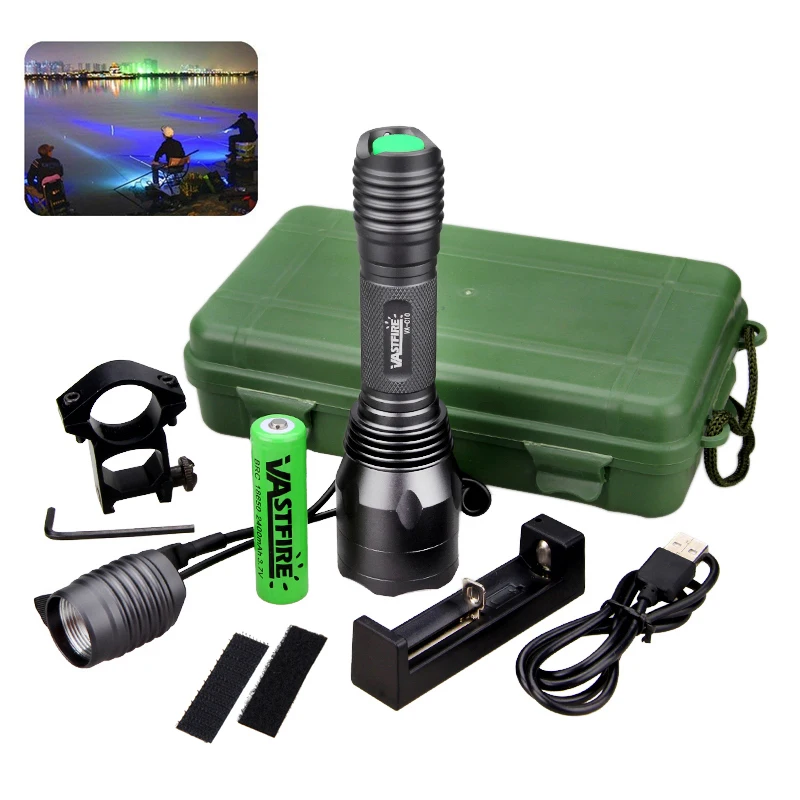 

Green/Red/Blue LED Hunting Light Torch Self-defense Tactical Flashlight+18650 Battery+USB Charger+Mount for Camping Fishing