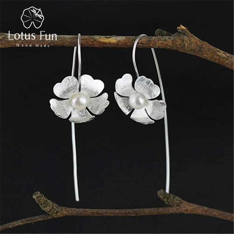 

Lotus Fun Real 925 Sterling Silver Natural Pearl Creative Handmade Fine Jewelry Fresh Clover Drop Earrings for Women Brincos