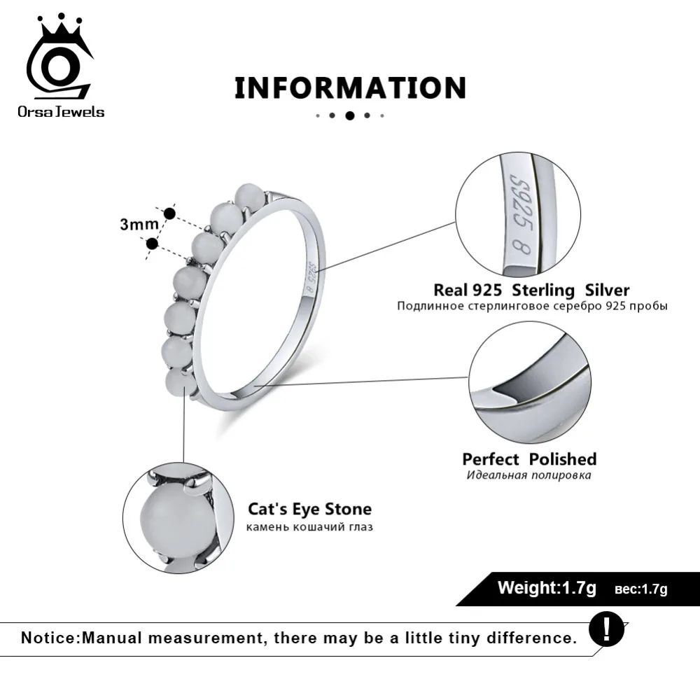 ORSA JEWELS Real Women 925 Sterling Silver Rings 7 Pieces Cat's Eye Stone Silver & Gold-color Wedding Band Fashion Jewelry SR68