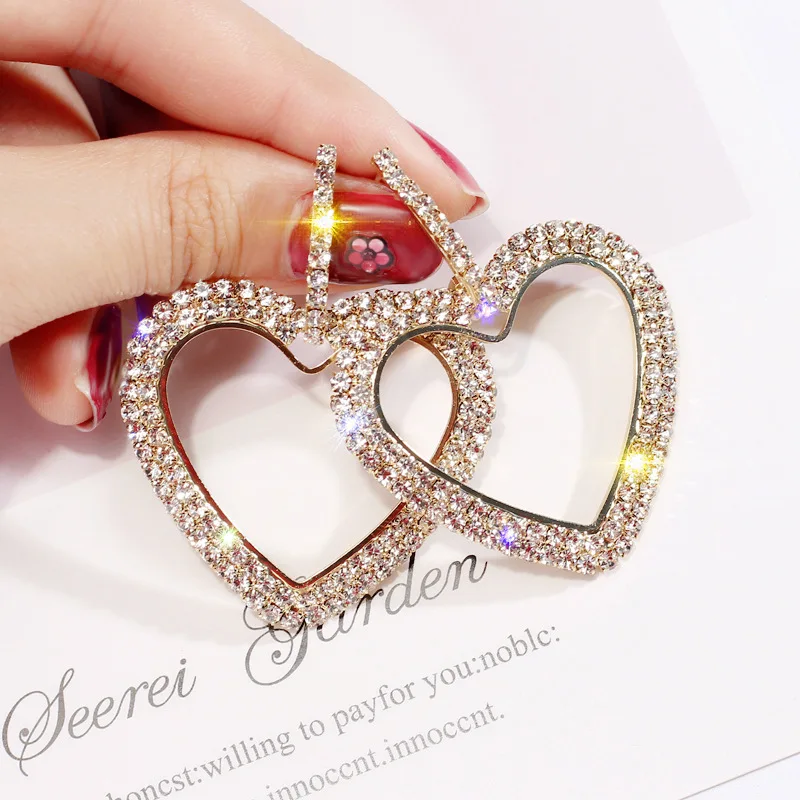 

ES491 Crystal Love Heart Long Earrings European Fashion Korean Personality Jewelry Earrings For Women Wedding Jewelry female