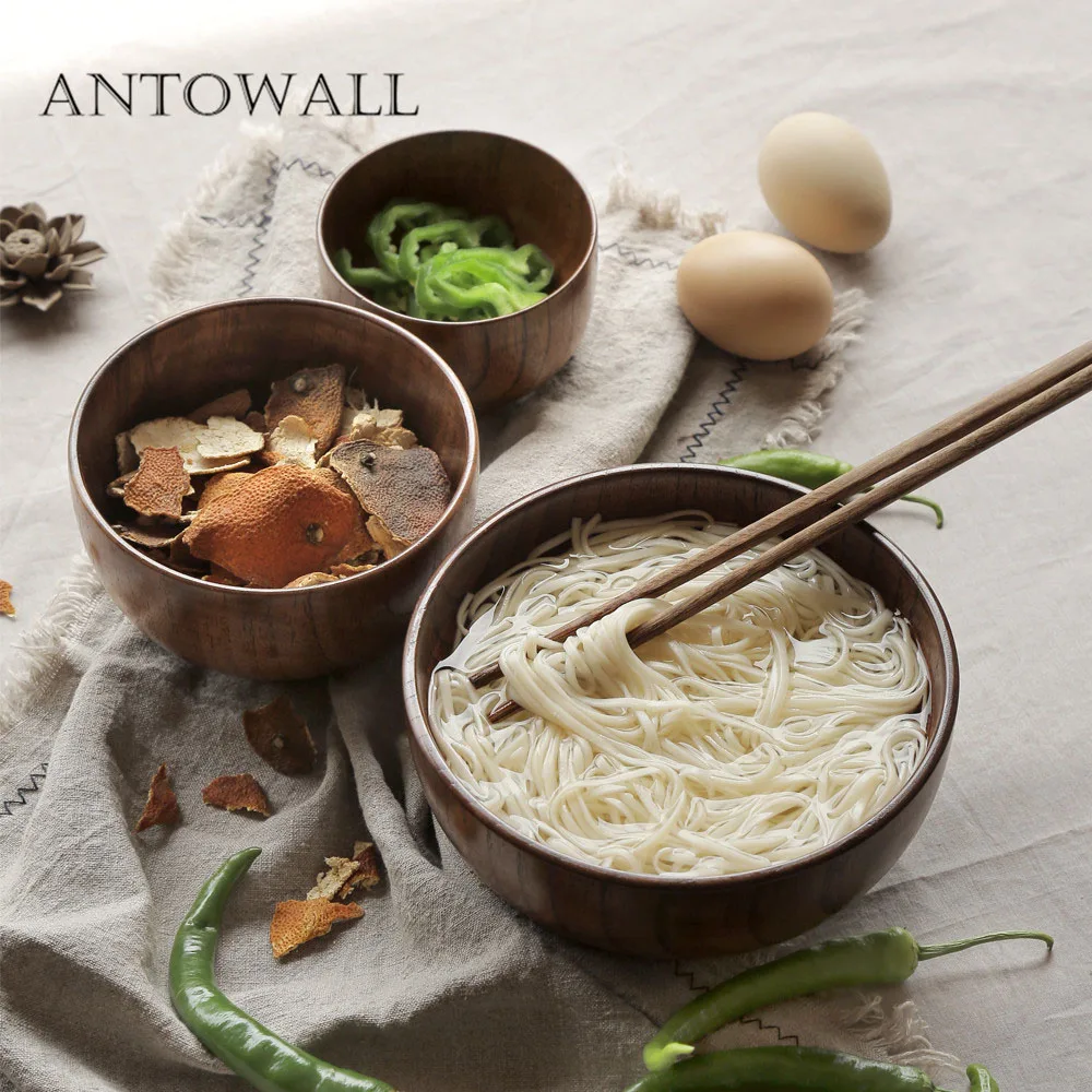 ANTOWALL, японская миска для риса из натурального дерева, зеленая краска, миска из необработанного дерева, миска для супа, миска для лапши, детская посуда