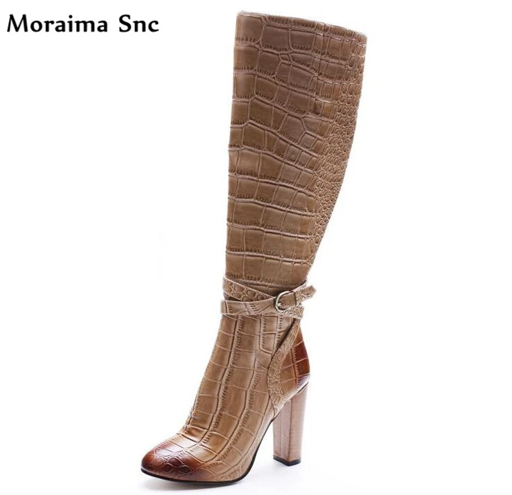

Moraima Snc Popular fashion women Boots crocodile line print Round toe Ankle strap buckle Embellishment Knee-high boot