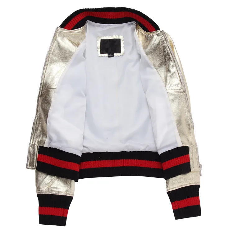 Fashion Gold/silver sheepskin bomber jackets Chic women's baseball uniform coat Real leather Jackets coat S531