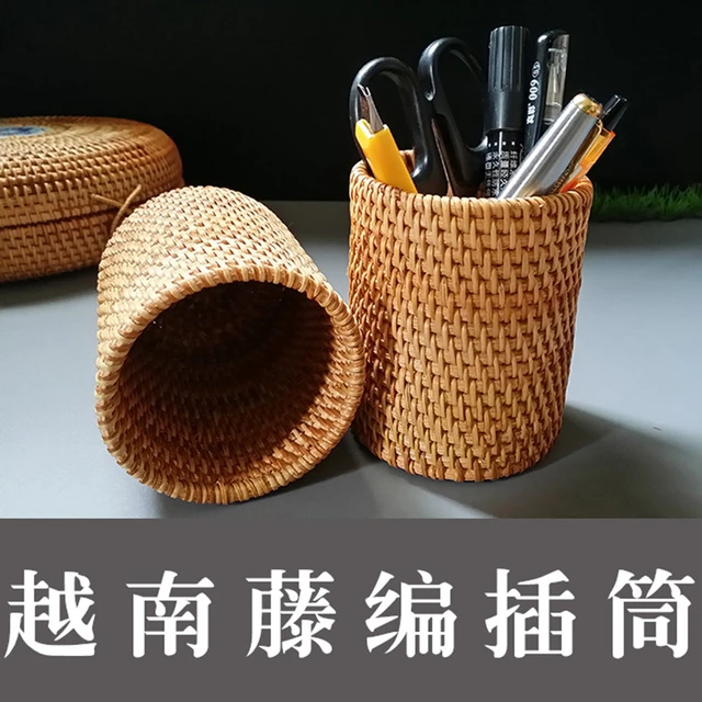 Imitation Rattan Woven Pen Holder Round Pencil Holder Desktop Pencil  Container 