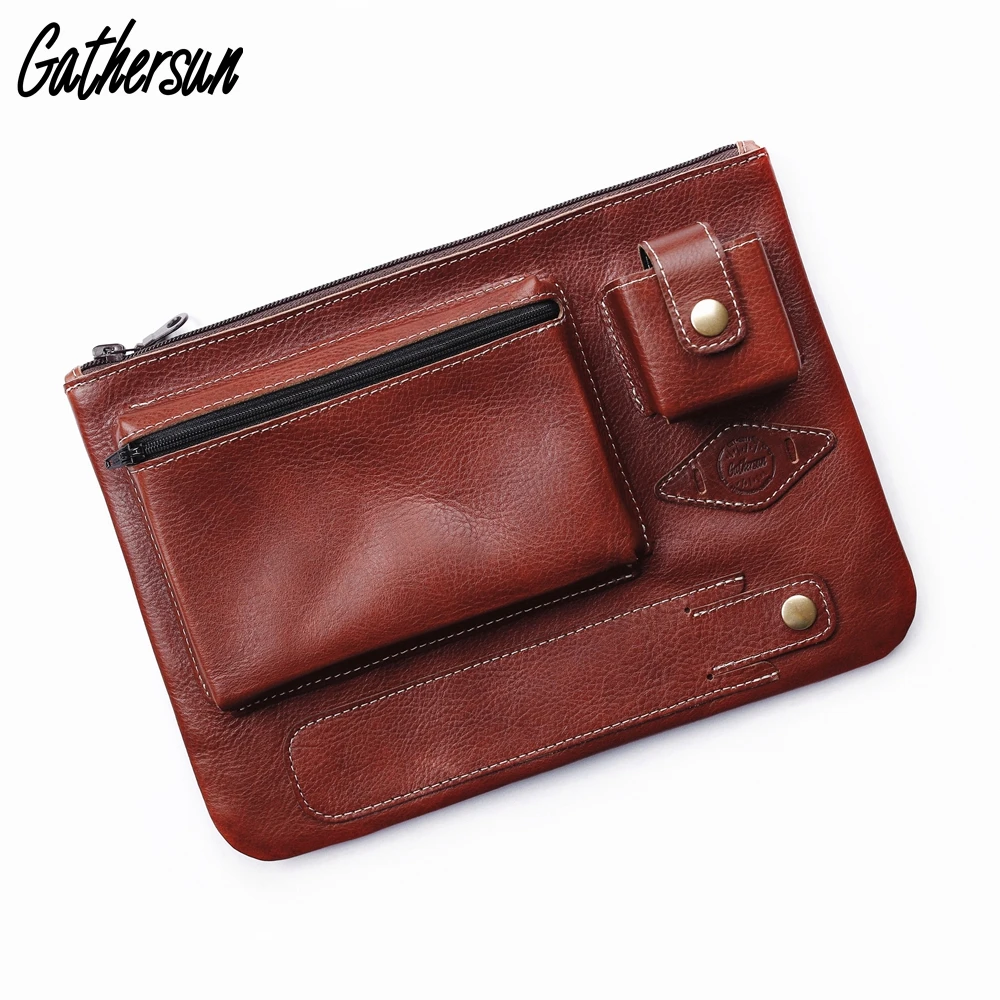 

Gathersun Tablet Case with Pen Holder Men Leather Clutch Bags Zipper Tablet Cover 10.5" Genuine Leather Tablet Sleeve 9.7"