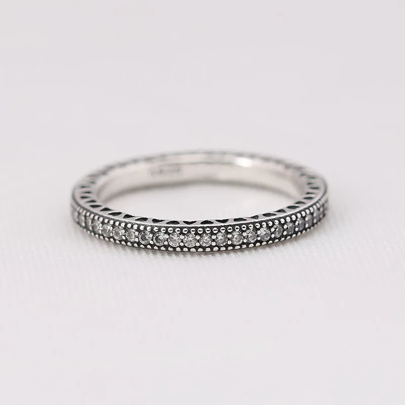 

Genuine 925 Sterling Silver Hearts Carving CZ Ring Compatible with European Jewelry