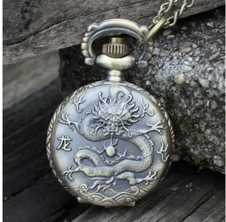 

New Fashion quartz Antique bronze dragon pattern clock pocket watches Han edition sweater chain Bronze alloy pocket watches