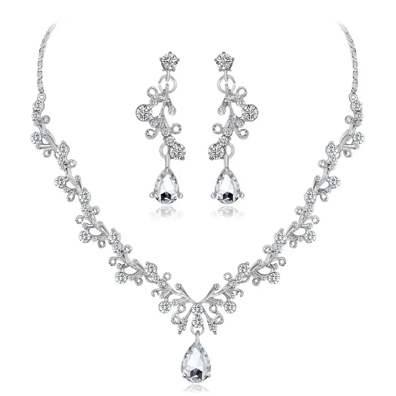 

Wedding Jewelry Sets Crystal Tree Flower Bridal Jewelry Set For Women Silver Choker Necklace Earring Plant Wedding Decoration