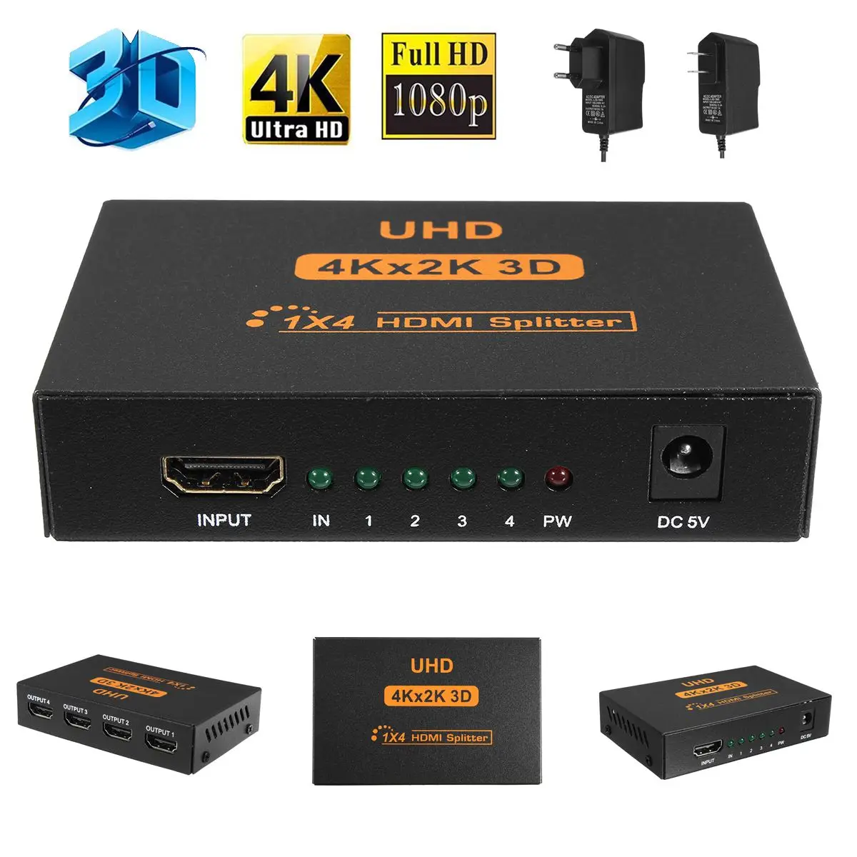 Сплиттер HDMI UHD 3D 4K * 2K Full HD 1080p 1X4 4 портовый концентратор ретранслятор усилитель для