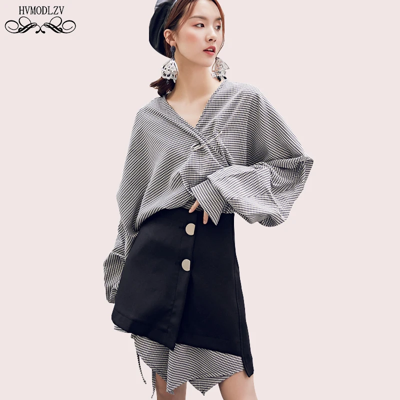 

Autumn Dress Women 2019 New Irregular Cut V-neck Fashion Suit Dress Female Long-sleeved And Half-length gown Two-piece HJ186