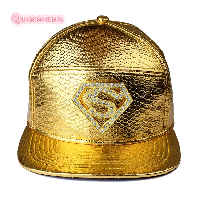 

2017 New Fashion Golden Letter Rhinestone PU Panels Baseball Caps US Street SUPERman Adjustable Men Baseball Backsnap Hat Caps
