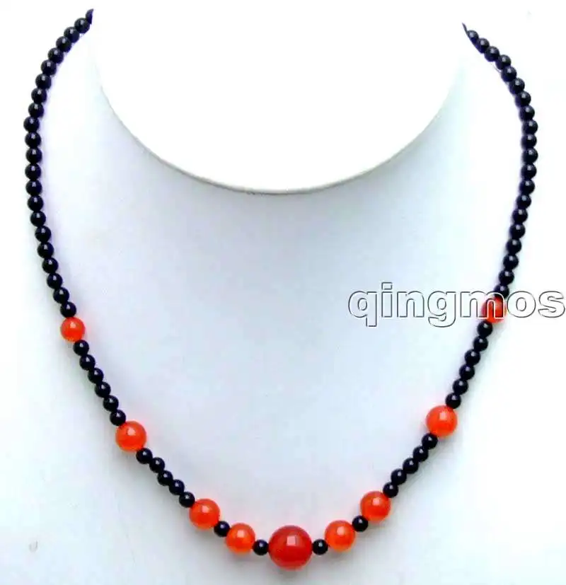 

4mm black round stone and 6-12mm red beads 18" Necklace-nec5869 wholesale and retail Free shipping