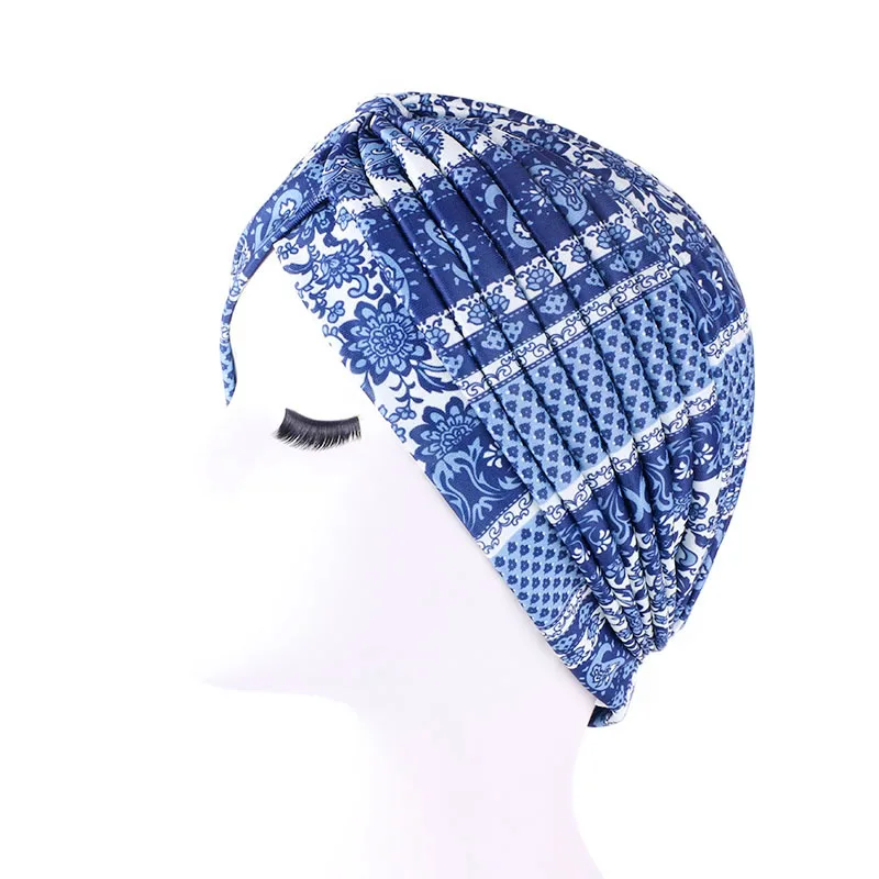 Новая женская печать цветочный узел Рак рябь химиотерапия шляпа бини шарф Тюрбан головной убор вязаная шапка аксессуары для выпадения волос - Цвет: Тёмно-синий
