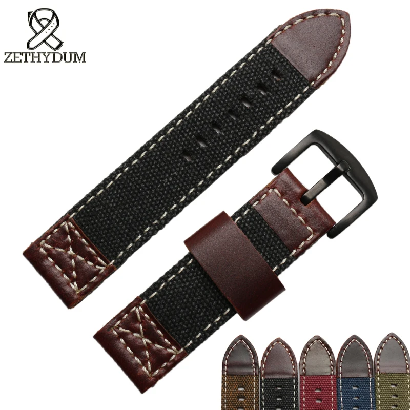 Baratos Lona de nylon correa de cuero 20 22 24mm cosido banda inferior es genuino reloj de cuero Correa hebilla
