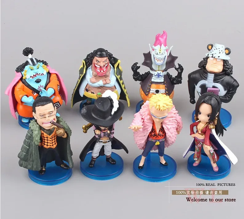

8PCS/PACK One Piece Boa Hankokku Mihawk Doflamingo Kuma Teach Jinbe Mini 6-9cm PVC Action Collection igures Model Toys Gifts