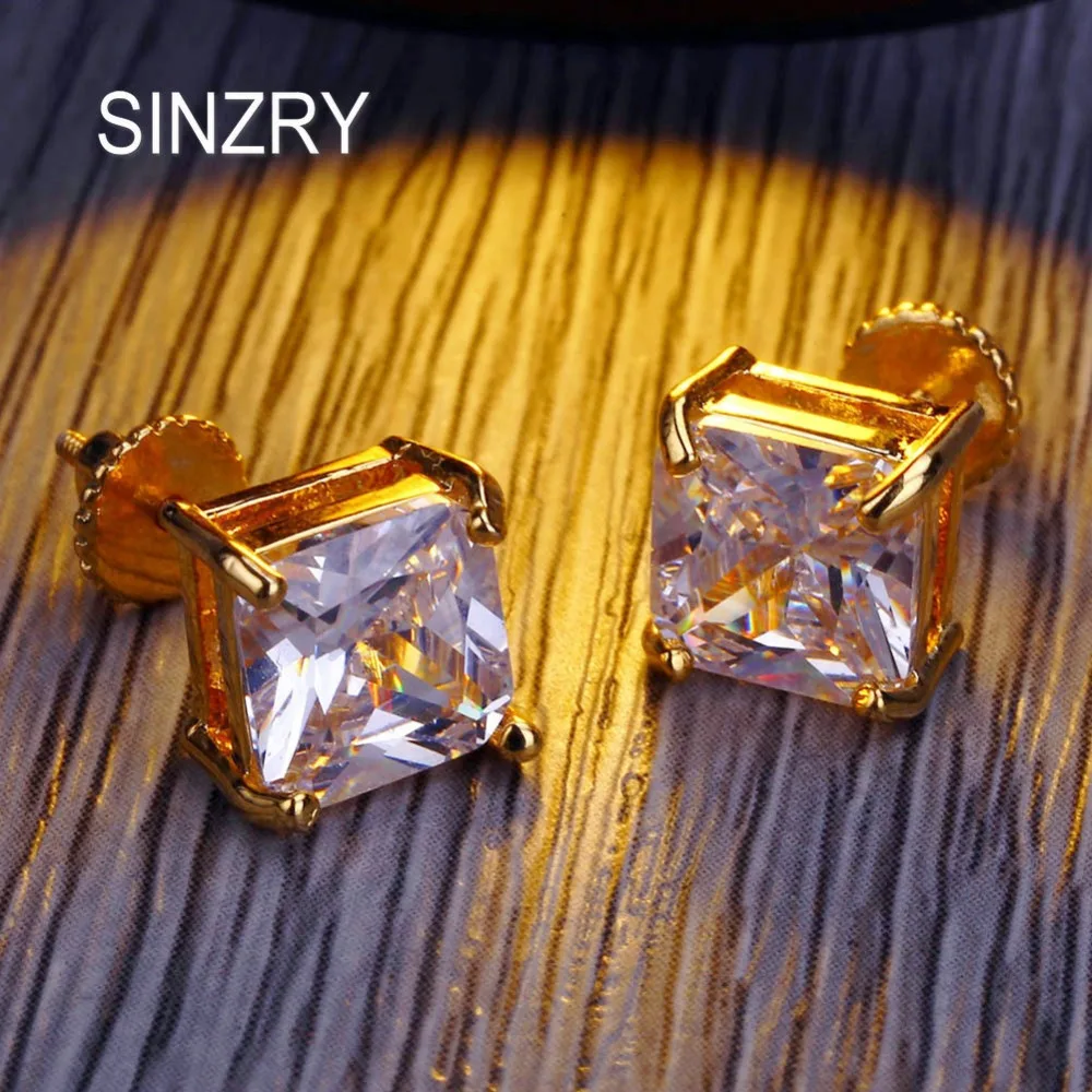 SINZRY 8mm square cubic Zirconia stud Earrings Hip hop Copper 4 claw