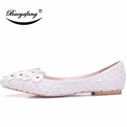 Bao Ya Клык Для женщин Белый невесты свадебные туфли шифон кружевные плоские туфли модные цветок дрель большой туфли