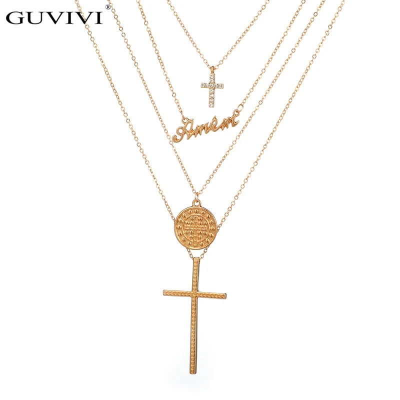 

Fashion Multilayer Geometry Round Long Chain Cross Pendant Necklace Women Bohemian Necklace Catholic Religious Christian Jewelry