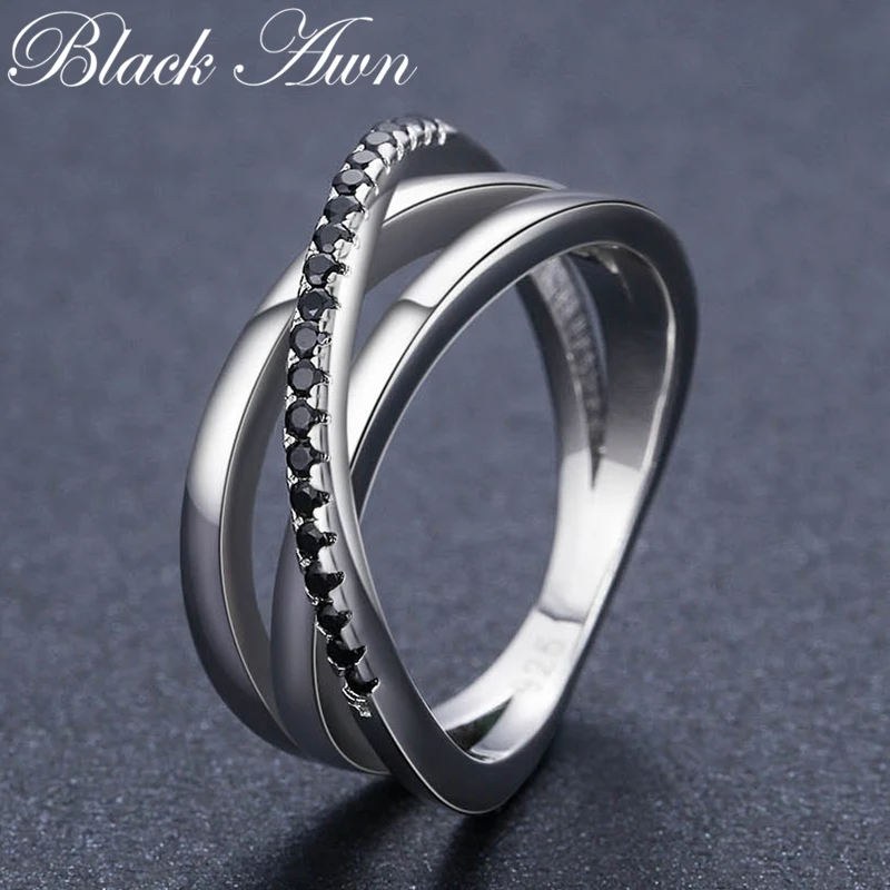 Silver Ring Wedding Rings Black Spinel For Women Baguet Row Engagement