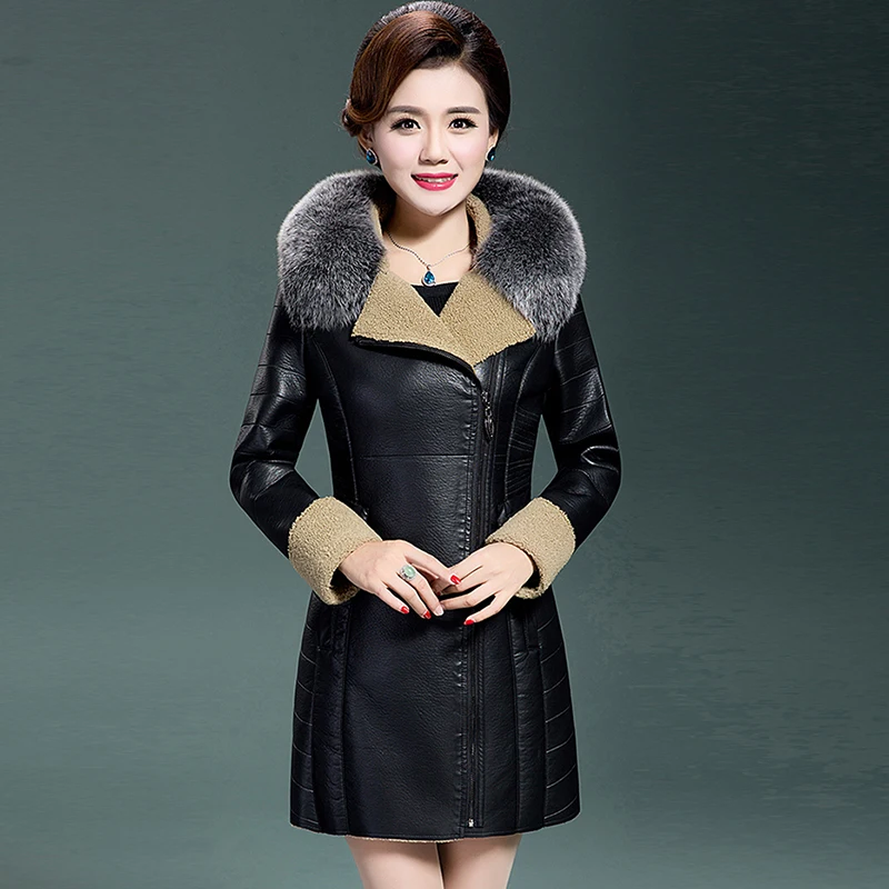 New Leather suede women winter thick warm plus size sheepskin coat leather jacket natural fox fur long leather outerwear QH1218