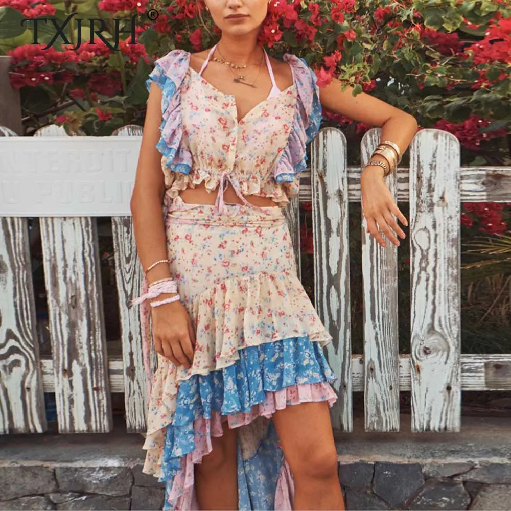 

TXJRH Bohemia Holiday Ethnic Patchwork Floral Print Square Neck Ruffles Tops Layered Ruffles Asymmetric Cake Skirt 2 Pieces Sets
