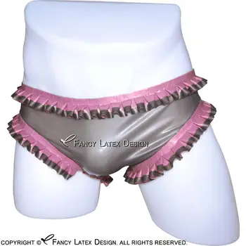 

Transparent Black With Metallic Pink Sexy Latex Briefs With Ruffles Frills Rubber Panties Shorts Underpants Underwear DK-0055