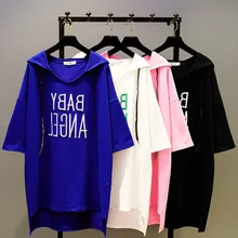 Летняя свободная футболка для женщин, корейский стиль, большой размер, вышитая футболка с надписью, женские студенческие хлопковые футболки с капюшоном, топы