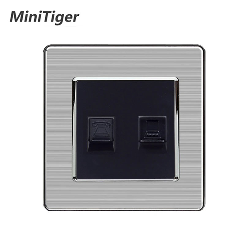 

Minitiger RJ45 Internet Data Jack CAT5E Connector With 2 Core RJ11 Telephone Outlet Stainless Steel Brushed Panel Wall Socket