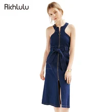 RichLuLu Sexy Sleeveless A-line Dress Women Blue Belt Denim Dress Female Zipper Fly Pockets Casual Midi Dress Vestidos