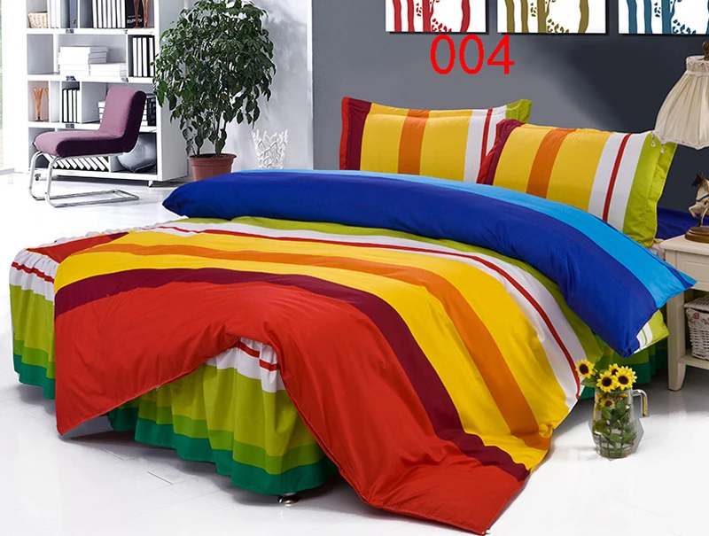 Twin Full Queen Rainbow Polyester Bed Skirt 4Pcs Bedding Set Dust Ruffle Set Bedclothes Sets Duvet Cover Quilt Cover Pillowcase