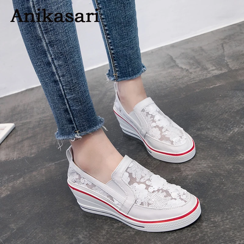 

Women Platform Shoes Height Increasing Mesh Wedges Sneakers For Woman Sequin Bling Glitter Sandals Ladies Summer Shoes Plus Size