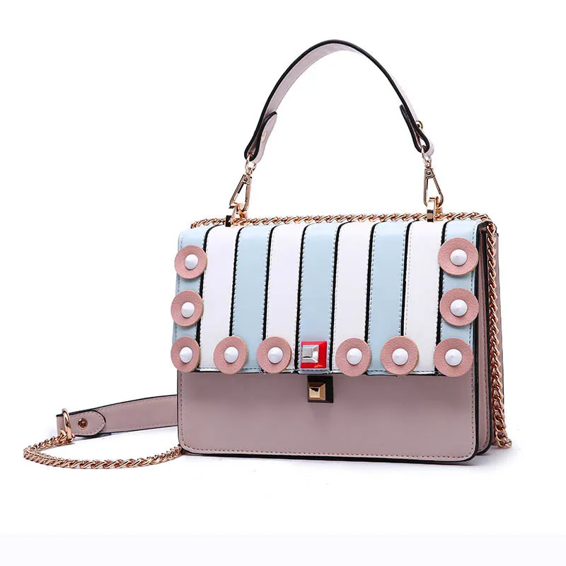 

2017 Women Rivets Chains Panelled Vertical Stripe Messenger Crossbody PU Leather Bags Single Shoulder Handbag Casual Tote Bag
