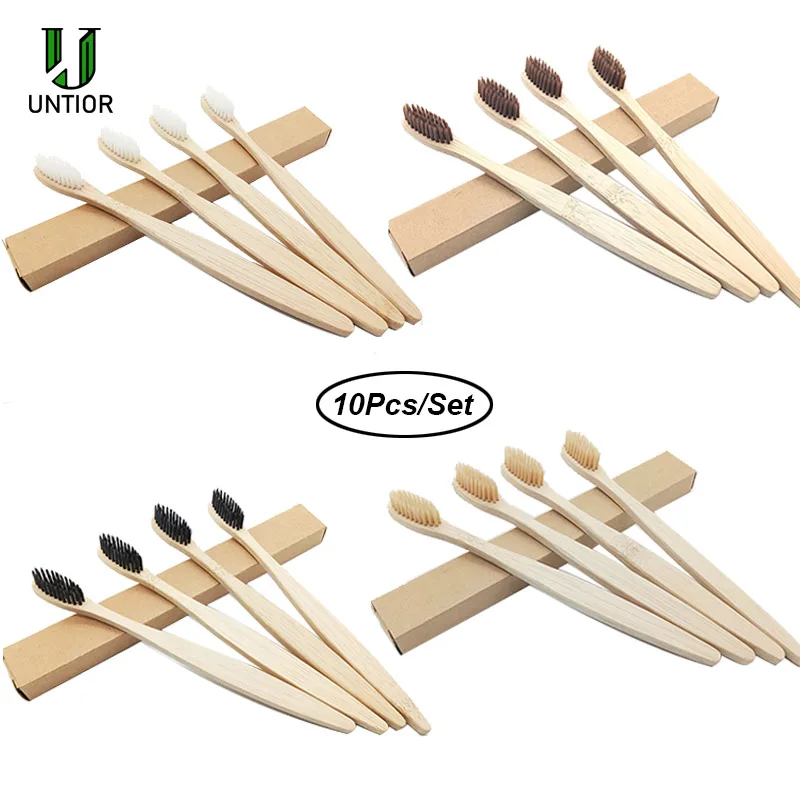 

UNTIOR 10Pcs Bamboo Toothbrush Biodegradable Natural Soft Charcoal Bamboo Toothbrushes Organic Eco-Friendly Toothbrush Cleaner