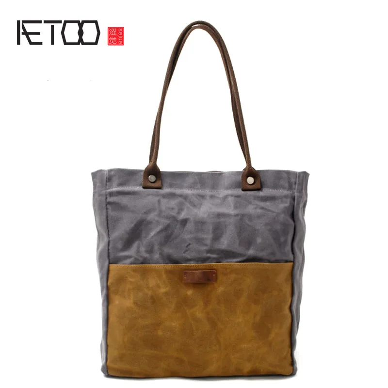 

AETOO New oil wax canvas handbags simple waterproof cloth bag retro contrast color shoulder bag portable shopping bag