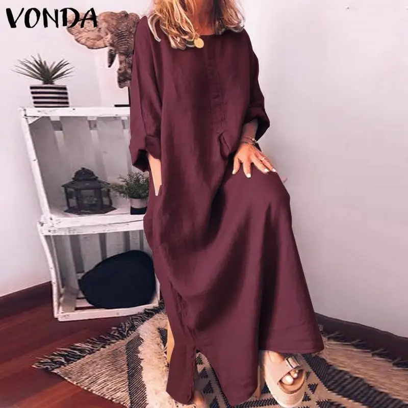

VONDA Vintage Bohemian Dress 2019 Autumn Long Sleeve Maxi Long Dress Split Hem Party Vestido Holiday Causal Sundress Plus Size