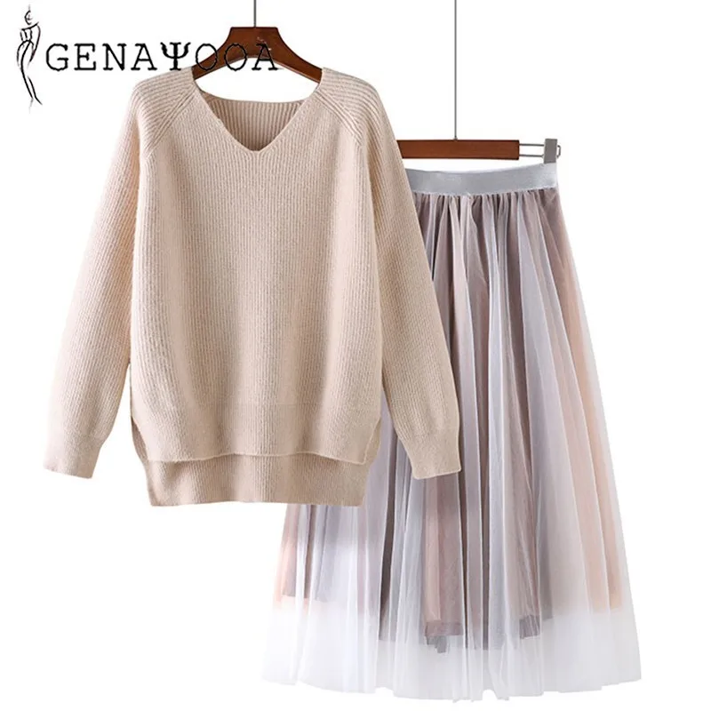 

Genayooa Two Piece Top And Skirt V Neck Sweater Women Pullover Long Sleeve Sweater Invierno 2 Piece Set Women Skirt Vintage