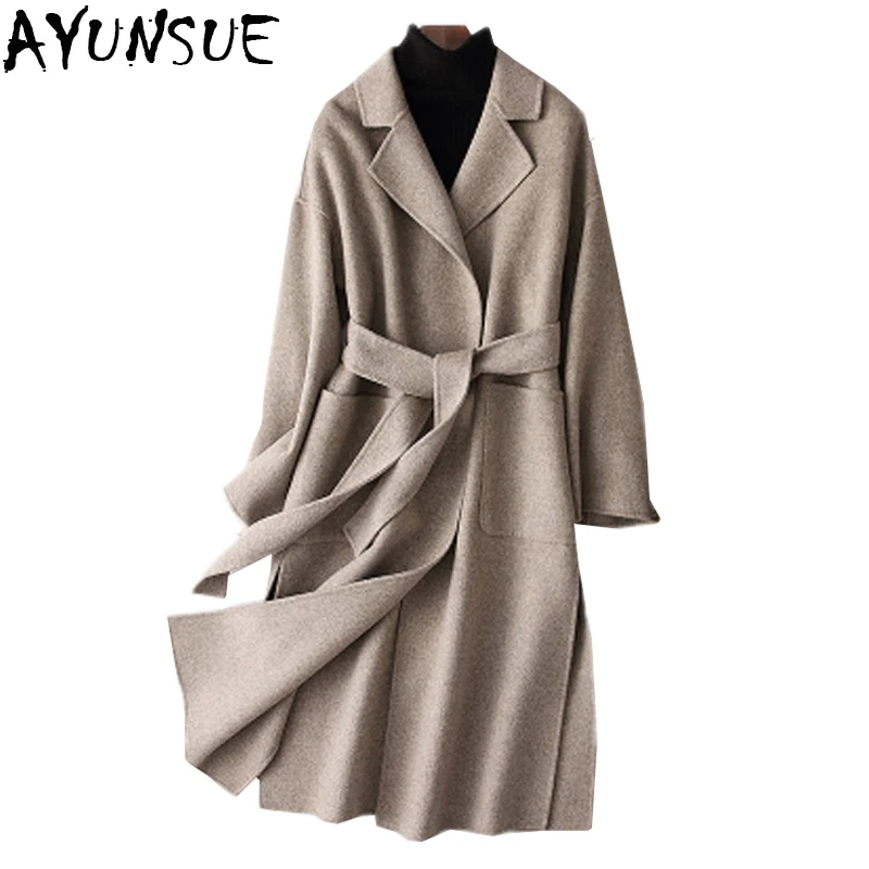 

Plus size loose warm wool coat long winter trench coat adjustable belt wool blends coats lady office work wear elegant LX2511