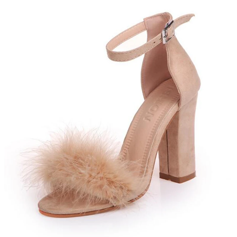 COVOYYAR Ankle Strap High Heels Faux Fluffy Rabbit Fur Women Sandals 2019 Thick High Heel Party Wedding Summer Lady Shoes WHH118