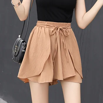 

Sale New Summer Fashion Soft Chiffon Shorts Skirts Women Ruffles High Loose Shorts Elastic Waist Bow Sashes Shorts Skirt 2 layer