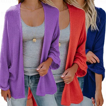 

Fashion Womens Autumn Loose Knit Crochet Coat Ladies Knitting Pure Color Tops Knitwear Outwear Batwing Sleeve Cardigan Jacket