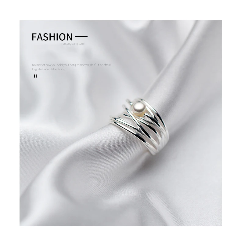 Authentic 925 Sterling Silver Retro Multi Layers With Pearl Open Ring For Women Adjustable Fashion Jewelry
