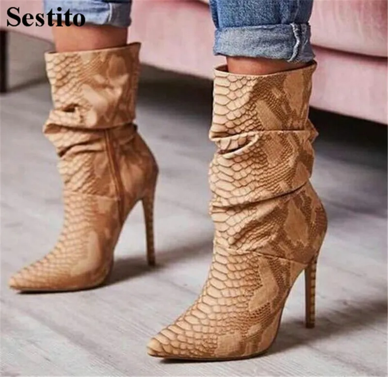

Sexy Snake Pattern Pleated Woman Boots Pointed Toe Ankle Boots For Women Thin Heels Zip Short Boots Spring/Autumn Women Shoes