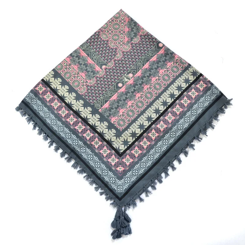 Женский зимний шарф в богемном стиле, женский шарф с кисточками в стиле ретро, большой квадратный шарф 115 см, хлопковый платок с цветочным рисунком