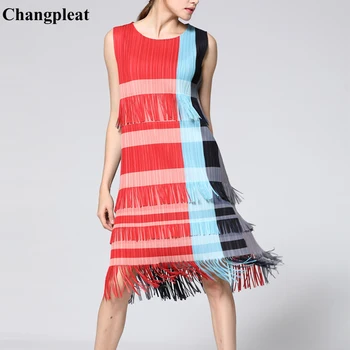 

Changpleat 2019 Summer New Women Dress Tassel Miyak Pleated Fashion Slim O-neck Elastic waist sleeveless Female Dresses Tide D90