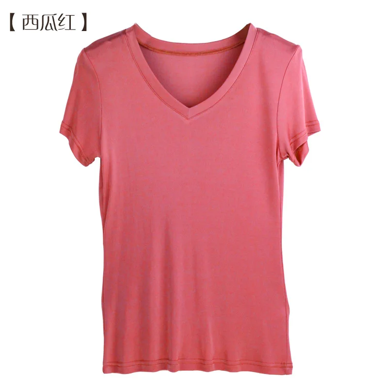 Летняя женская футболка Натуральный шелк повседневная трикотажная рубашка с коротким рукавом Удобная дышащая свободная футболка с V-образным вырезом 1008 - Цвет: Red