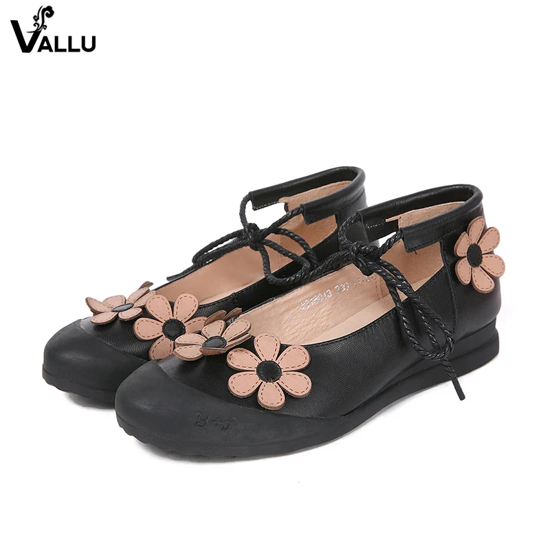 

Ankle Strappy Flat Shoes Lady 2018 Summer Round Toe Original Leather Women Flats Flower Design Comfortable Female Lace-up Shoes