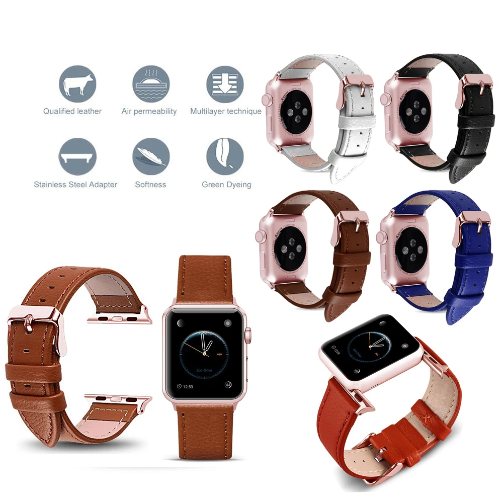 Apple Watch Band strap, Best iwatch Genuine Leather Watchband, rose gold adaptor connector & buckle, 44mm/ 40mm/ 42mm/ 38mm Series 4 3 2 1