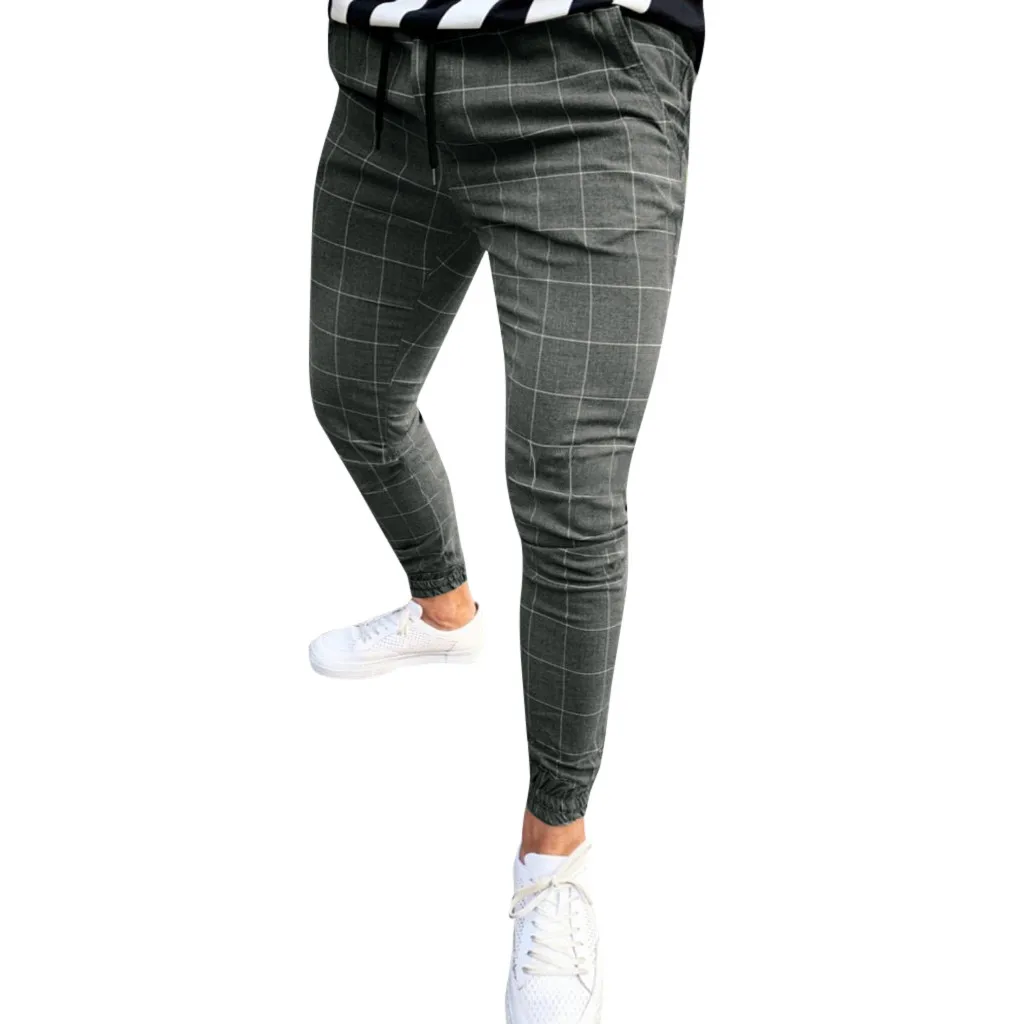 Брюки Мужская хип-хоп мода мужчины случайные плед печати шнурок эластичный пояс длинные брюки мужские повседневные брюки - Цвет: Dark Gray